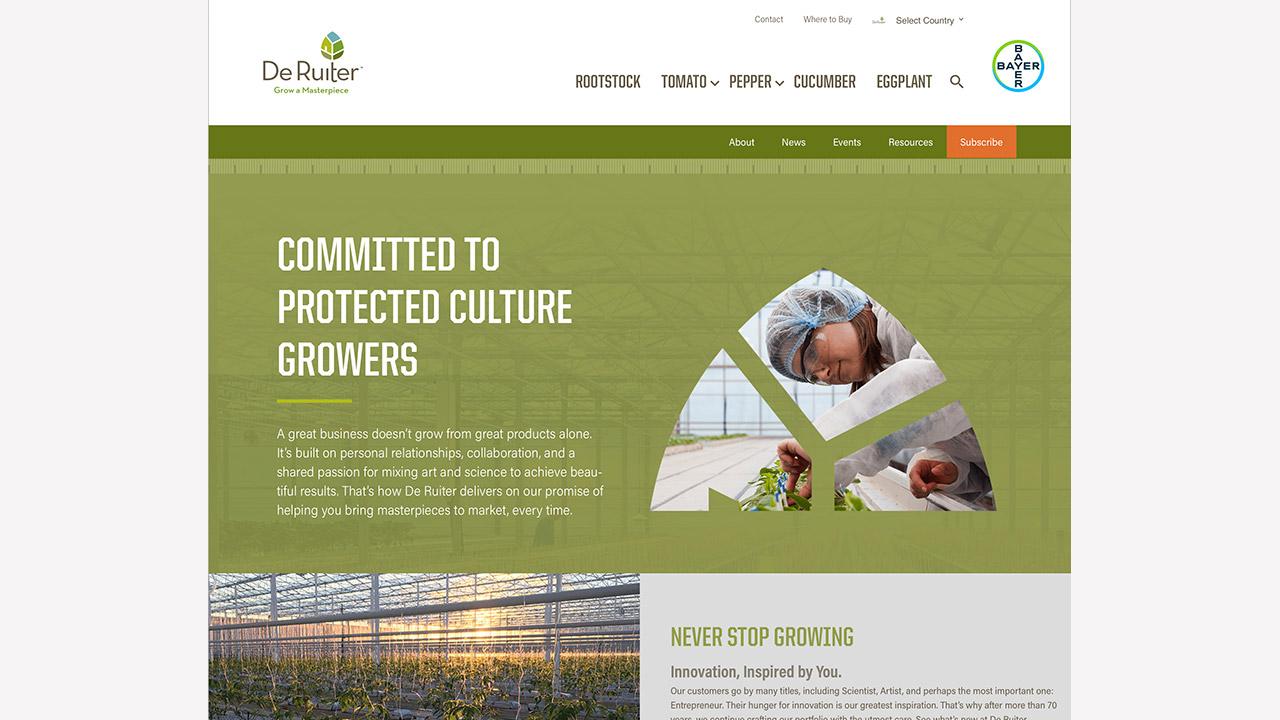 De Ruiter website screenshot featuring greenhouse images, a person tending plants, and text about commitment to protected culture growers. Links to various sections like Rootstock, Tomato, and Pepper.