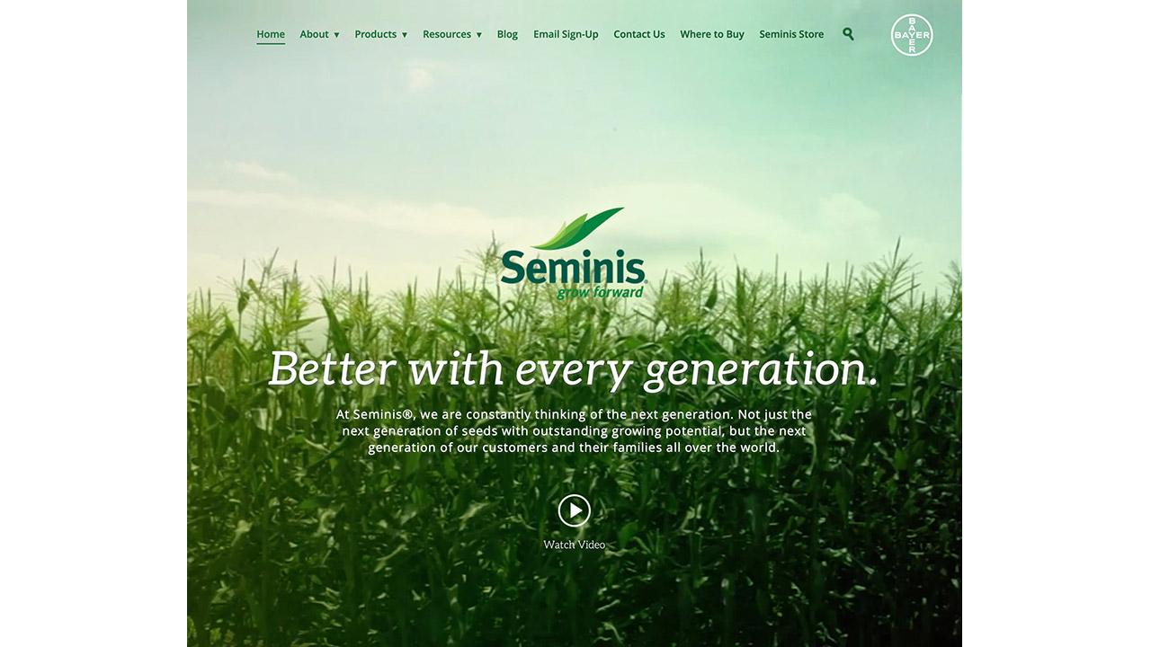 Seminis website homepage displaying a field of crops with the slogan "Better with every generation" and navigation menu.