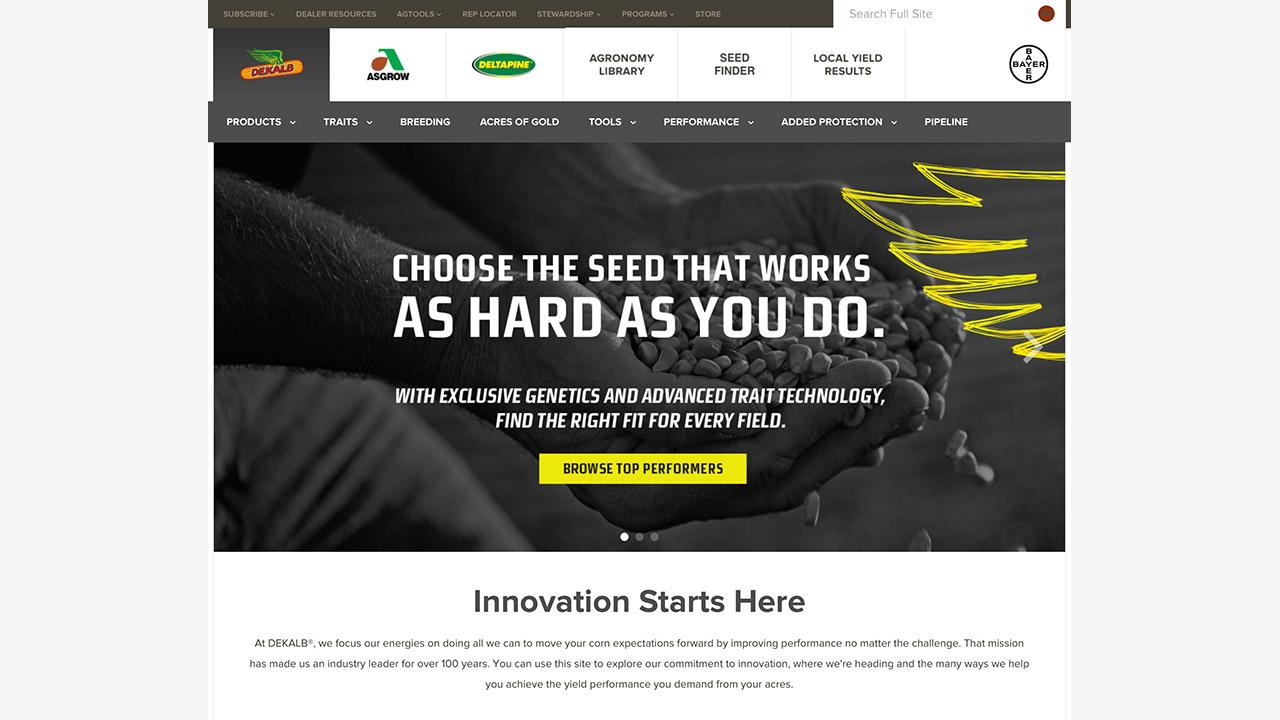 A webpage displaying a seed company's products. The main text reads, "CHOOSE THE SEED THAT WORKS AS HARD AS YOU DO," with a hand holding seeds and a button for browsing top performers.