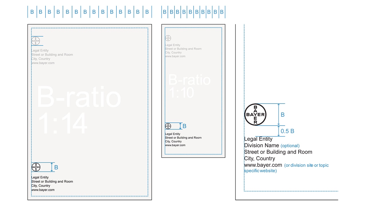 Blueprint design with various layouts for Bayer packaging, showing different B-ratios (1:4, 1:10) and detailed measurement guidelines, including logo placement and legal text areas.