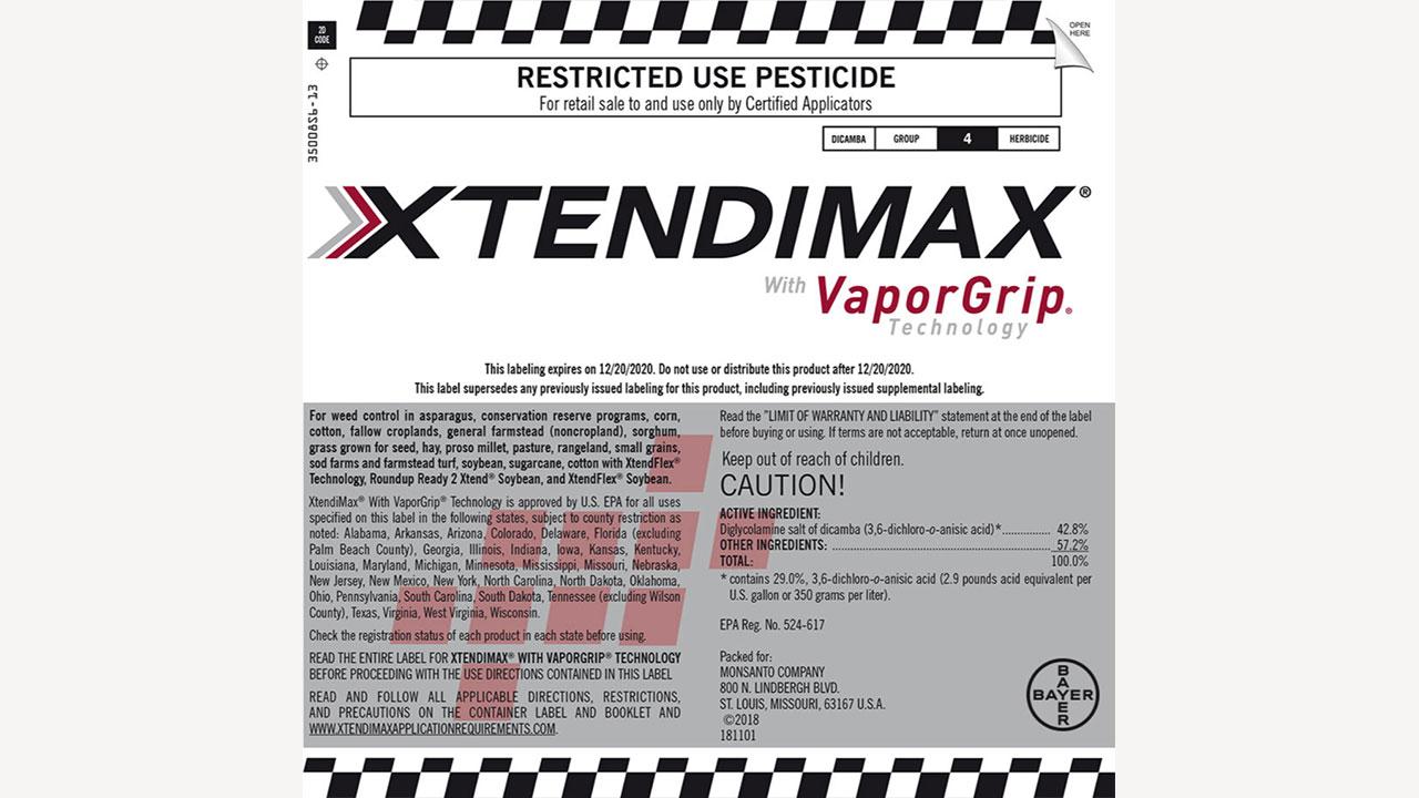 Label of XtendiMax herbicide with VaporGrip Technology, displaying usage guidelines, warning, active ingredients, and manufacturer's information.