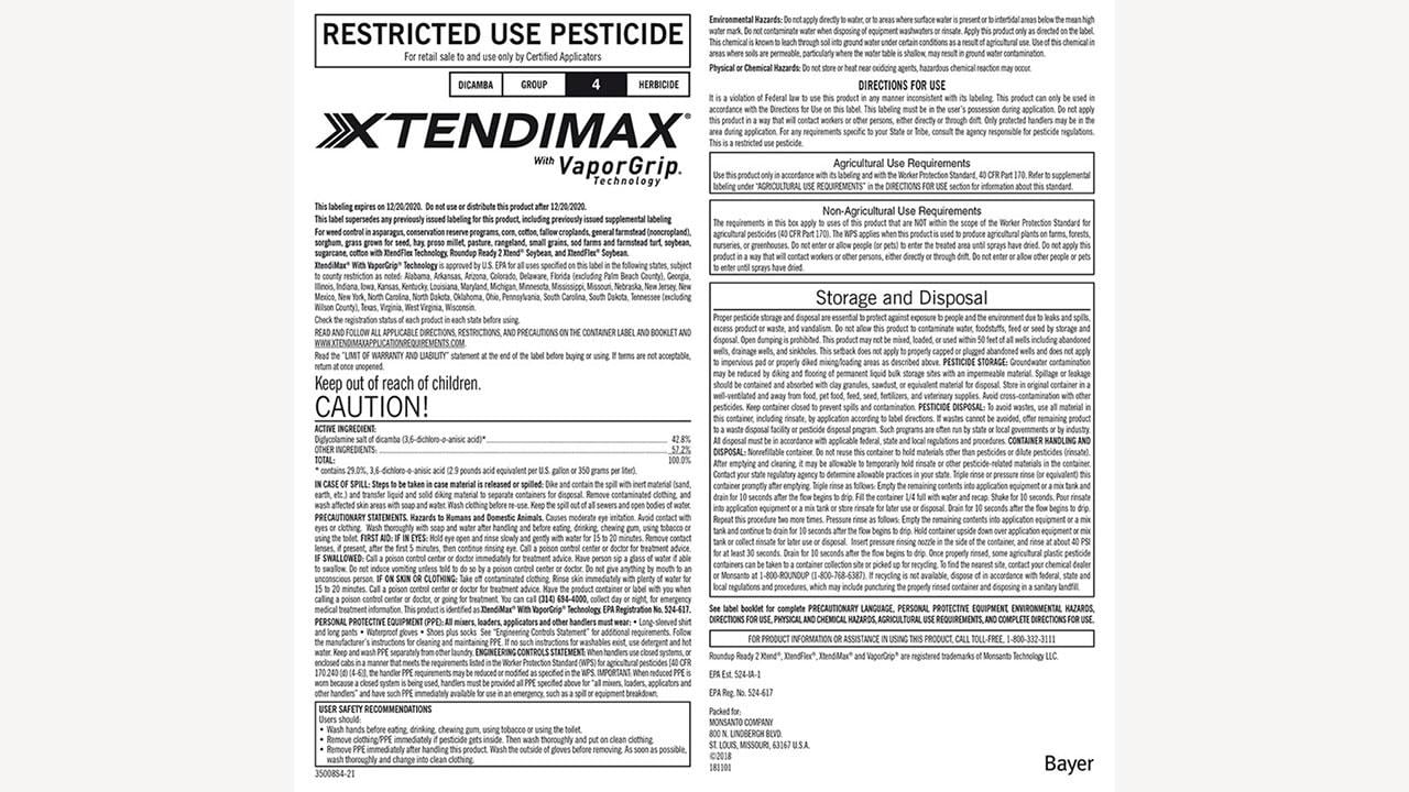 Label for XtendiMax herbicide, featuring usage instructions, safety warnings, application details, and manufacturer information. Includes "Restricted Use Pesticide" notation and QR code instructions.