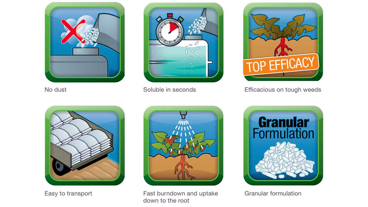 Illustration showing six benefits of a granular formulation: no dust, soluble in seconds, effective on tough weeds, easy to transport, fast burndown and uptake, granular formulation.