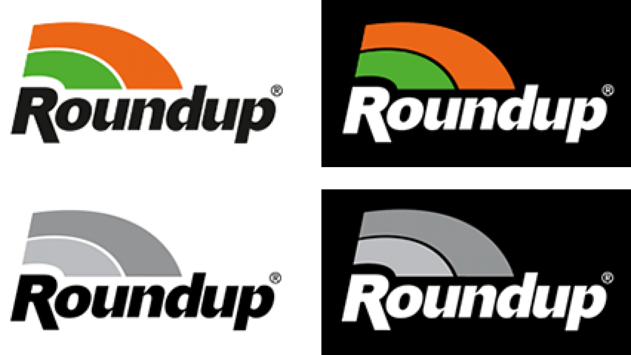 Four Roundup logos: top left with orange and green, top right with green and orange on black, bottom left in grayscale, bottom right in grayscale on black.