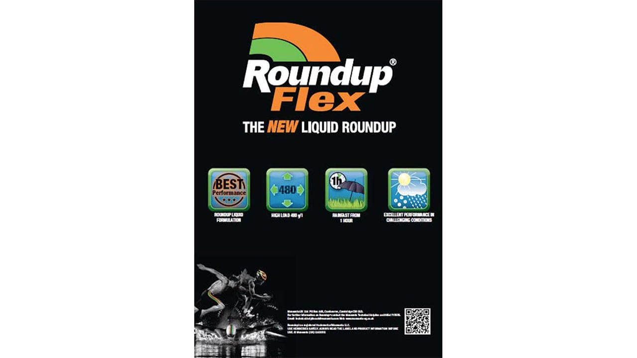Advertisement for Roundup Flex featuring its logo, the tagline "The New Liquid Roundup," and four icons highlighting performance, fast action, effectiveness, and environmental adaptability.