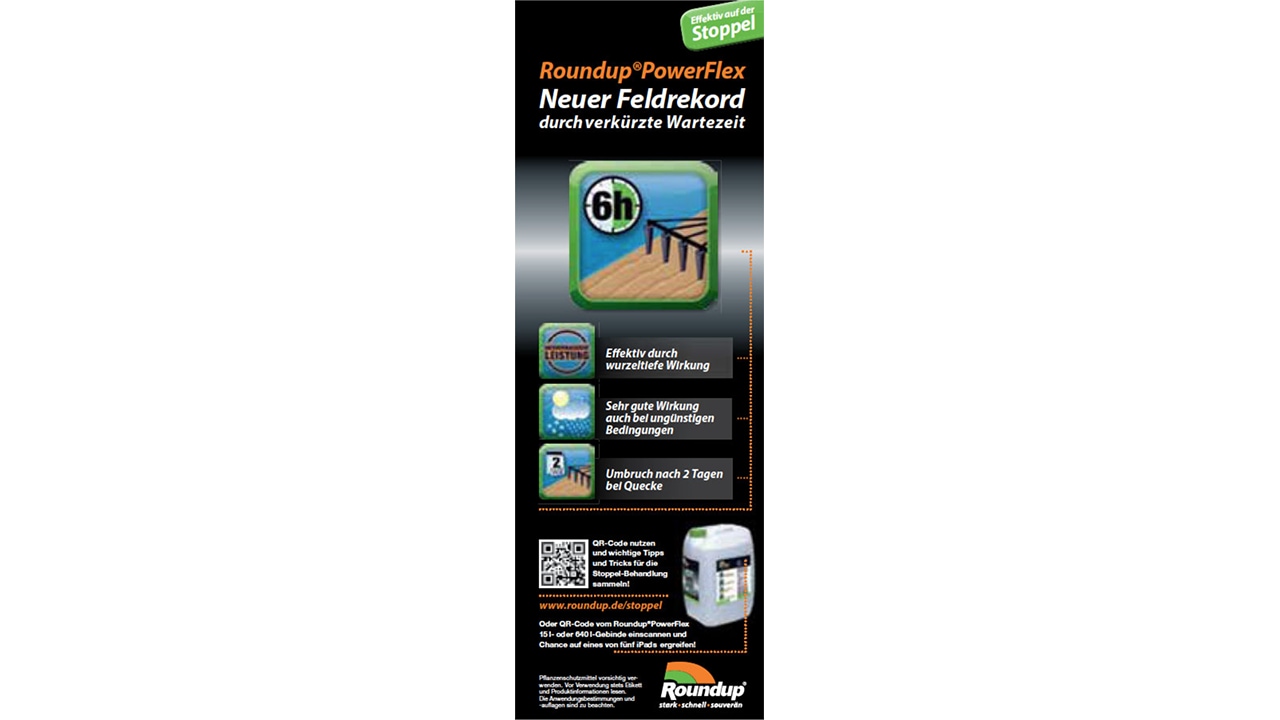 Advertisement for Roundup PowerFlex featuring a 6-hour rapid effect, effective in variable conditions, and visibility within 7 days.