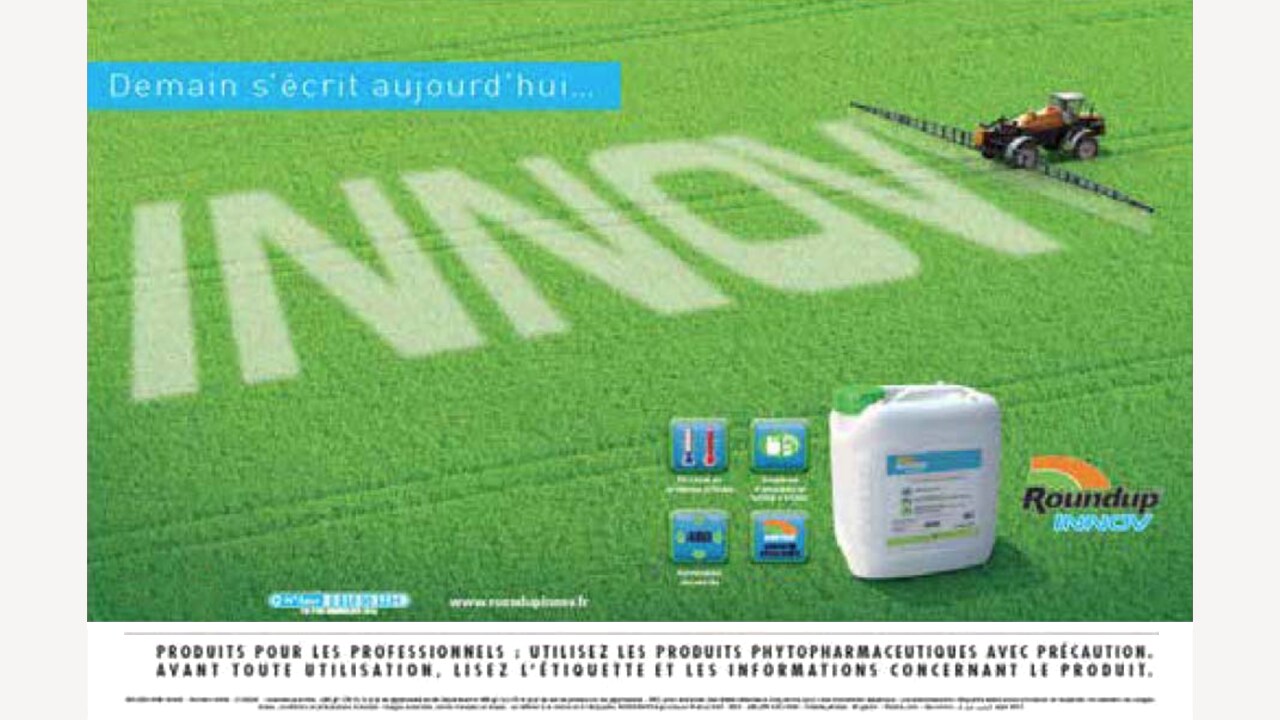 Advertisement featuring a container of Roundup Energy, a tractor spraying a field, and large text "INNOV," with a focus on agricultural innovation and product details for professionals.