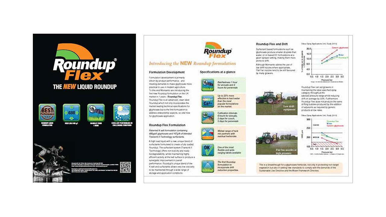 A promotional brochure for Roundup Flex featuring text, graphs, and images of a tractor in fields. Details about formulation development and specifications are included.