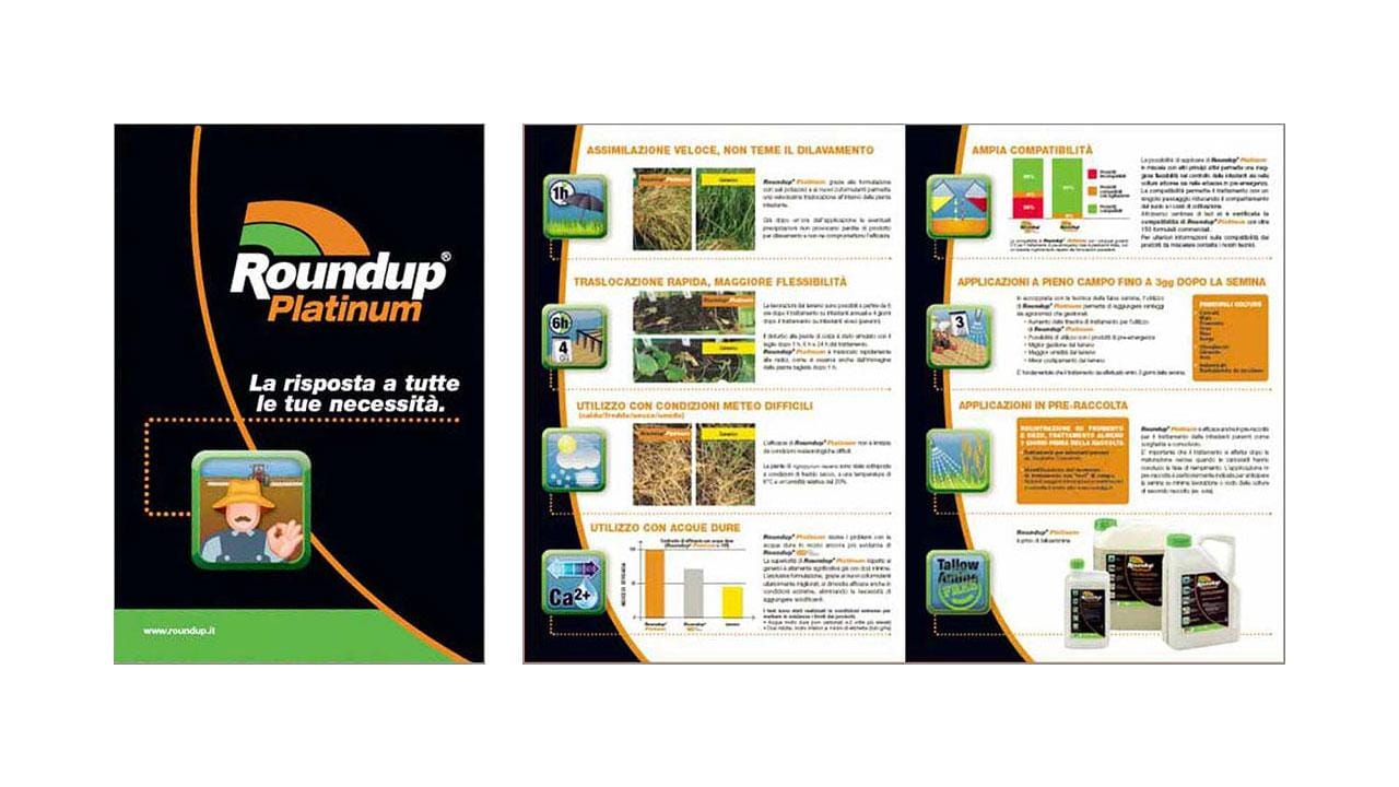 Roundup Platinum promotional brochure with text in Italian, featuring product images, usage instructions, and application benefits.