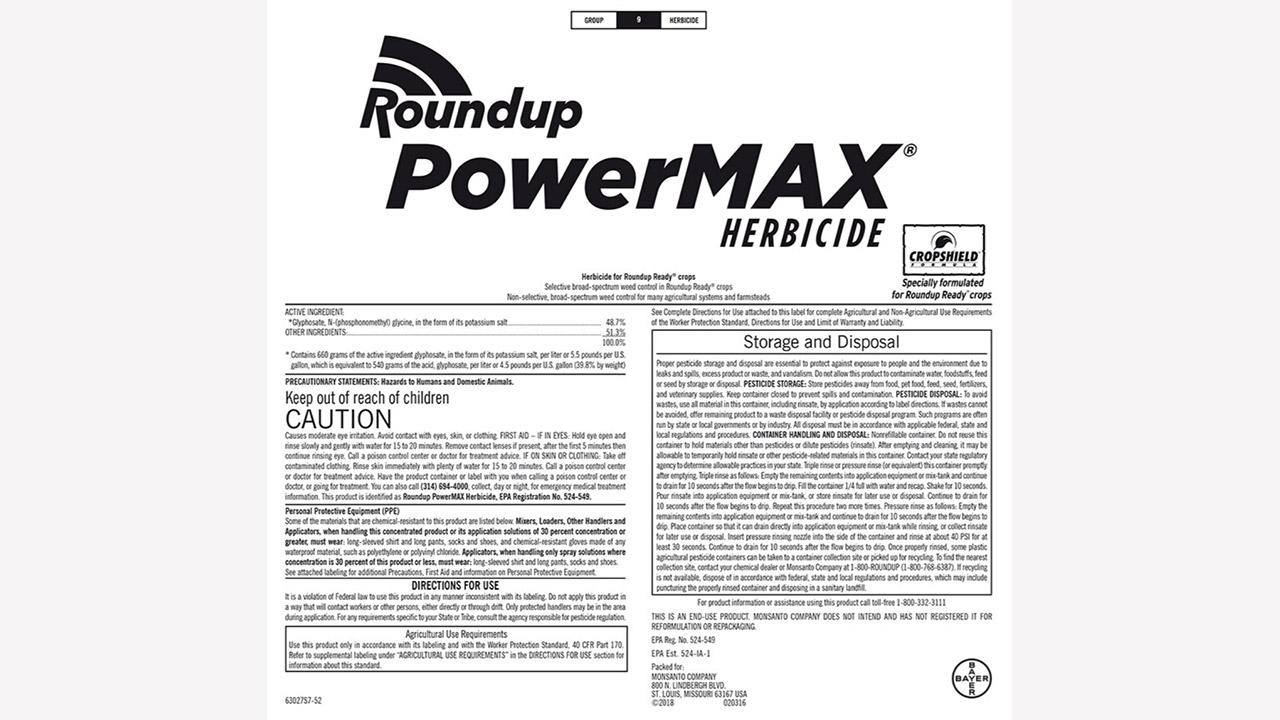 Label of Roundup PowerMAX Herbicide with usage instructions, cautionary details, and storage information.