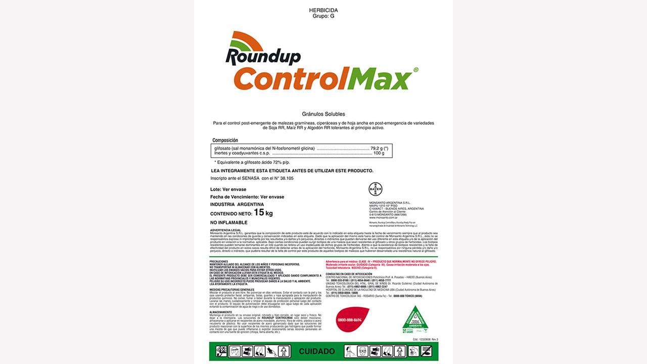 Label of a 15 kg Roundup ControlMax herbicide container, featuring product composition, safety instructions, and warning symbols.