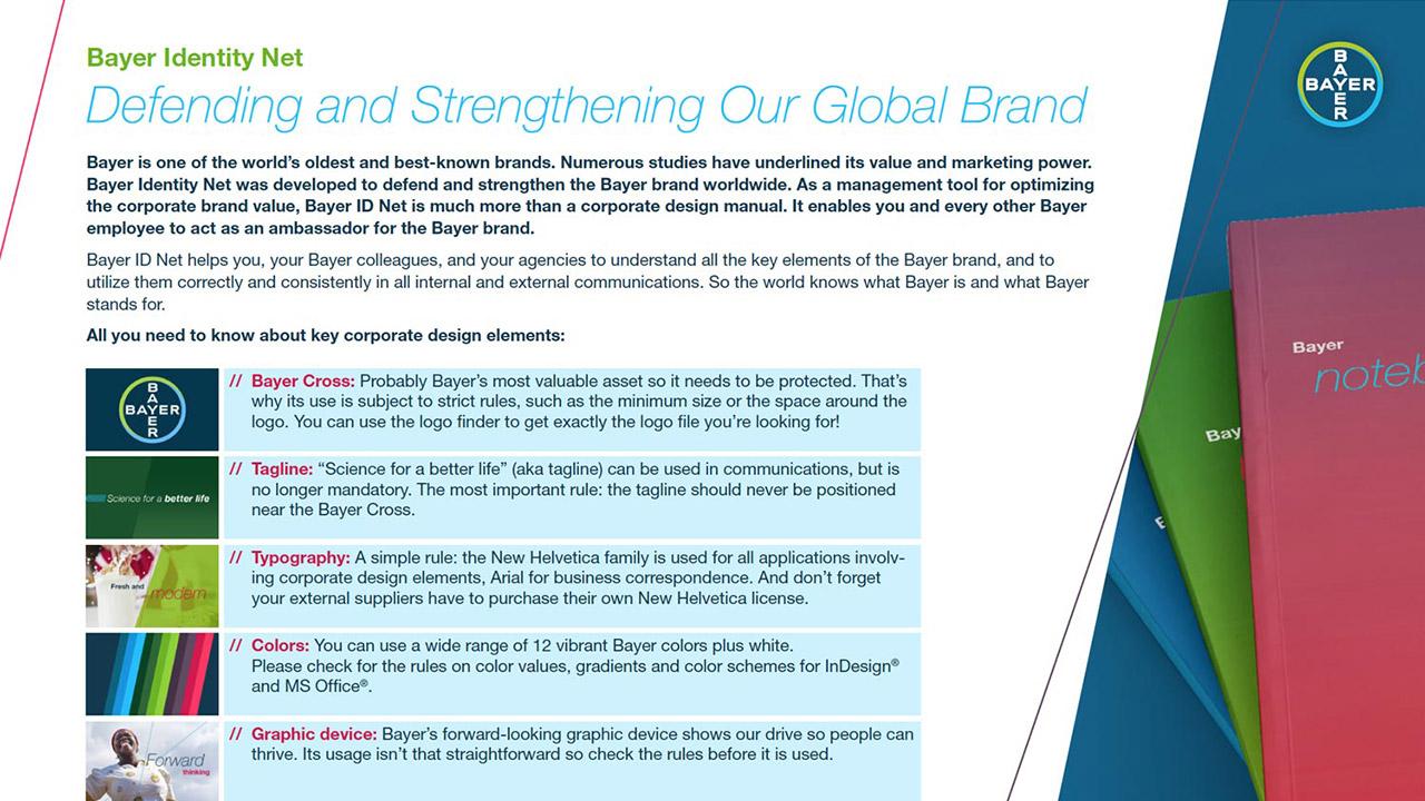Promotional material for Bayer, outlining brand identity and strategies, including key messages, tagline, tone of voice, typography, colors, and graphic devices.