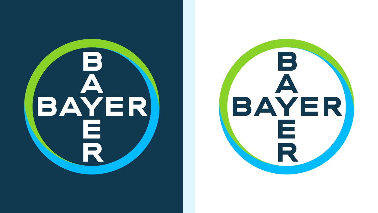 Bayer logo displayed in two variations: a dark background with green and blue circle and white text, and a white background with the same circle and dark text.