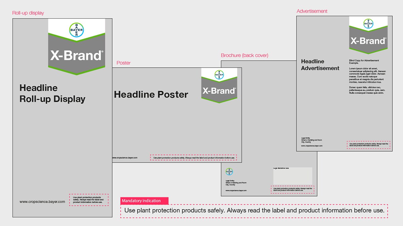 Image showing various layouts for X-Brand marketing materials, including a roll-up display, poster, and advertisement, with emphasis on safe use of plant protection products.