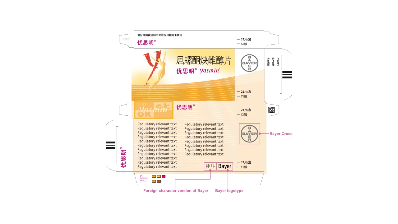 Packaging template for a Bayer product featuring regulatory text, brand name "Yasmin," and the Bayer logo in several places.