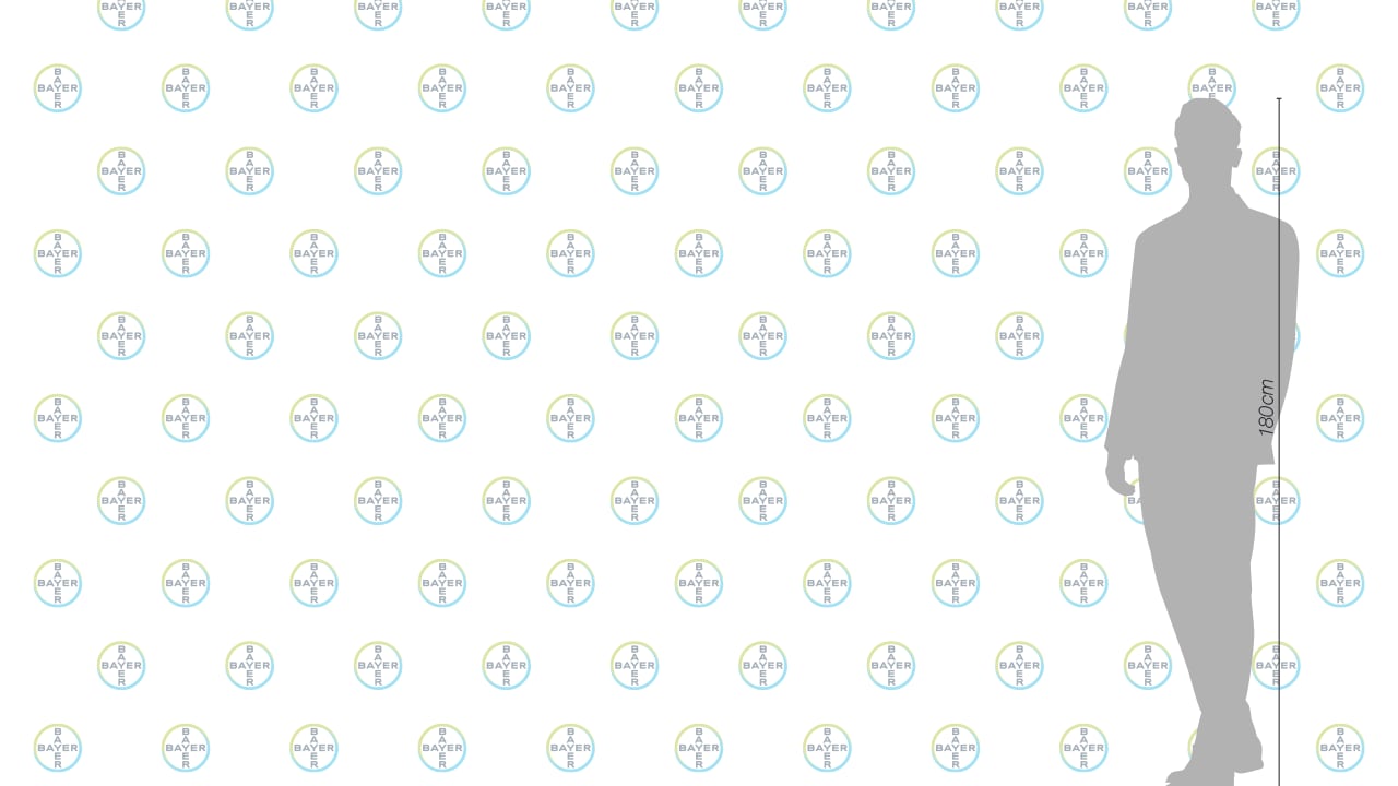 A pattern of Bayer logos on a white background with a silhouette of a person, showing a height measurement of 180 cm.
