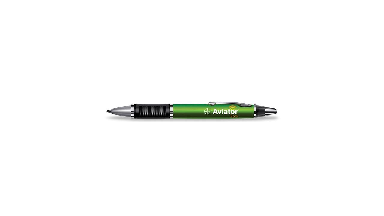 Green Aviator ballpoint pen with black grip and metallic accents, laying horizontally on a white background.