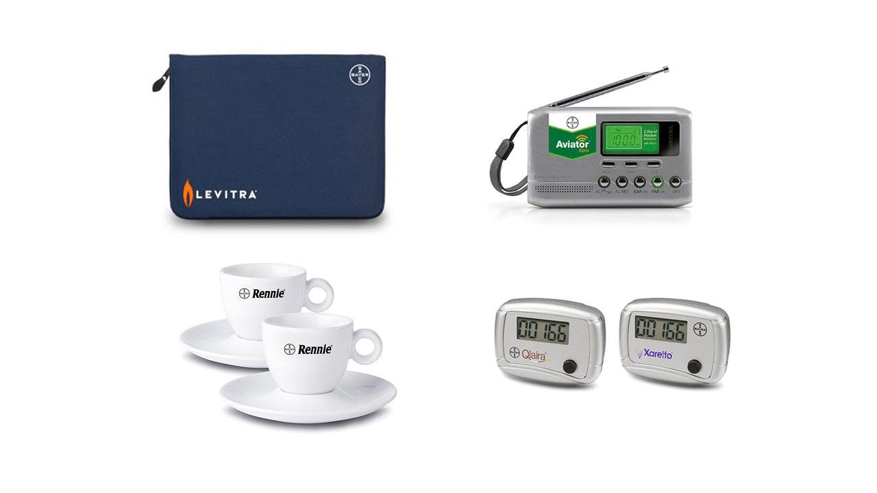 Collage of branded items: Levitra pouch, Aviator radio, two Rennie cups with saucers, and two digital timers marked "Xarelto" and "Eliquis".