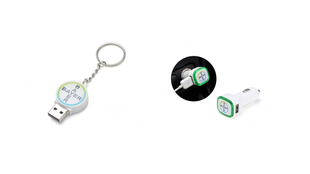 A USB keychain charger and a car USB charger, both with green edges and battery symbols.