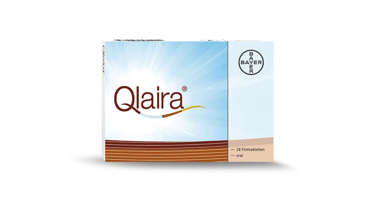 Box of "Qlaira" oral tablets by Bayer, with a blue and white background design.