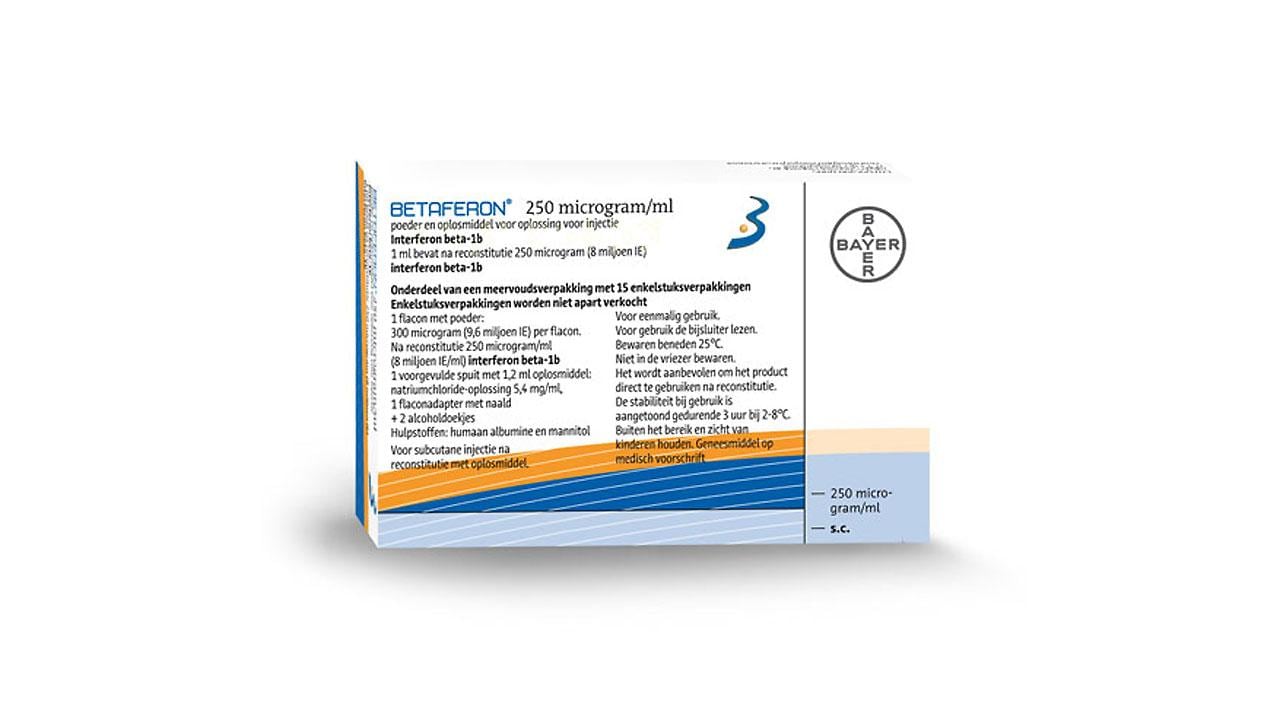 Box of Betafaron, 250 microgram/ml, with instructions and branding visible on the packaging.