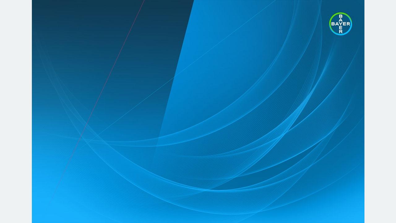 Abstract blue background with curved lines and a small Bayer logo in the top right corner.