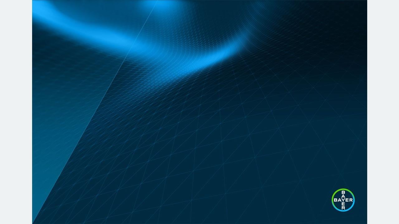 Blue abstract background with a wave-like pattern and grid lines. Bayer logo in the bottom right corner.