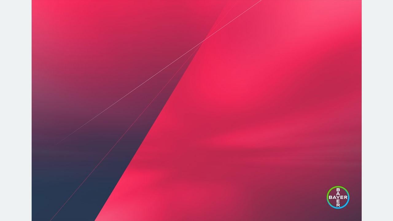 Abstract image featuring red and dark blue geometric shapes with a Bayer logo in the bottom right corner.