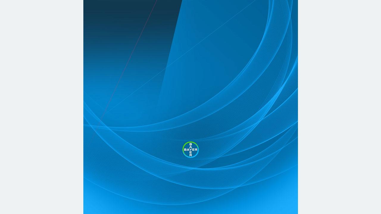 Blue abstract background with wavy lines and a small circular Bayer logo at the center.