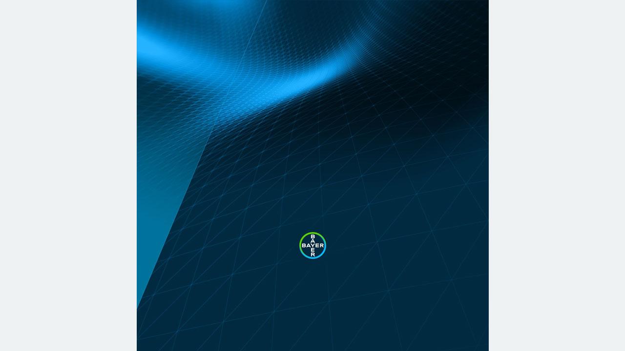 Blue geometric background with a small Bayer logo in the center.