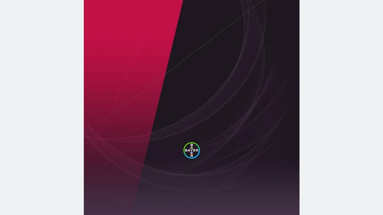 A red and black background with a small circular Bayer Leverkusen logo at the bottom center.