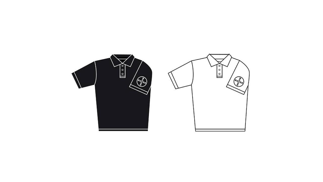 Illustration of two polo shirts, one black and one white, each with a logo on the left sleeve.