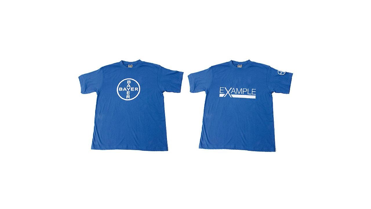 Front and back view of two blue T-shirts with "Bayer" logo on the front and "Example" text on the back.