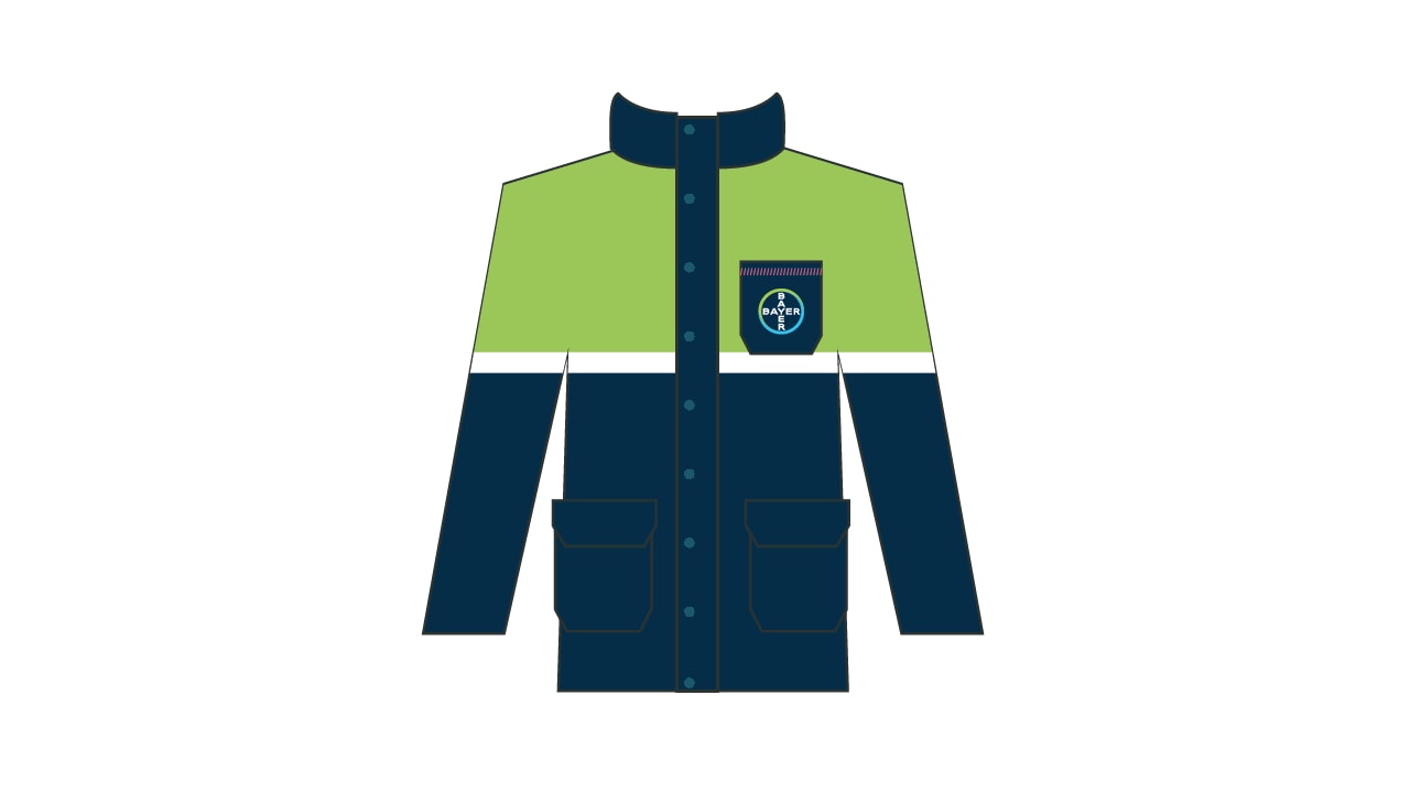 Illustration of a dark blue and green utility jacket with a circular logo on the chest and multiple pockets.