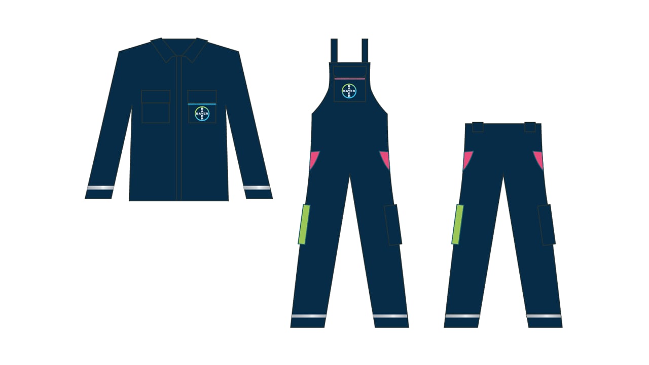 Illustration of a navy blue workwear set with a jacket, overalls, and trousers featuring reflective strips and pockets, all bearing a logo on the chest.
