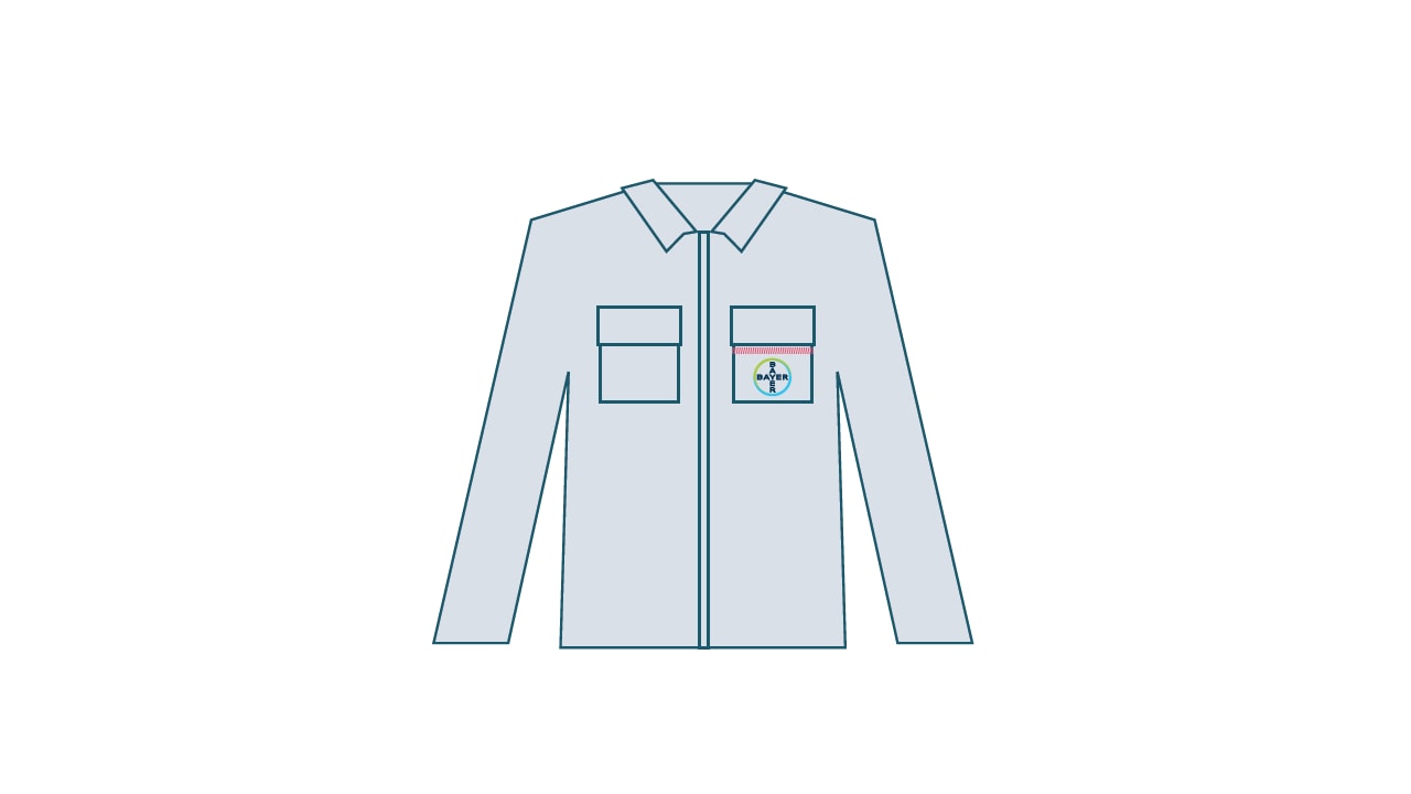 Illustration of a gray collared jacket with two front pockets and a small, colorful logo on the chest.
