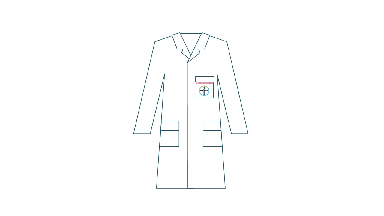 Illustration of a white lab coat with two front pockets and an emblem on the chest.