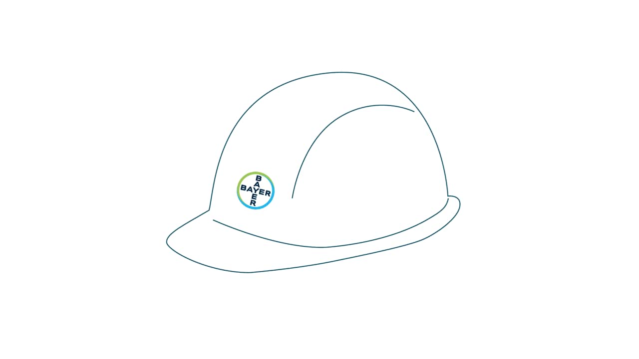 A simple line drawing of a hard hat with a "BAYER" logo on the side. The hard hat is shown from a side angle with a wide brim.