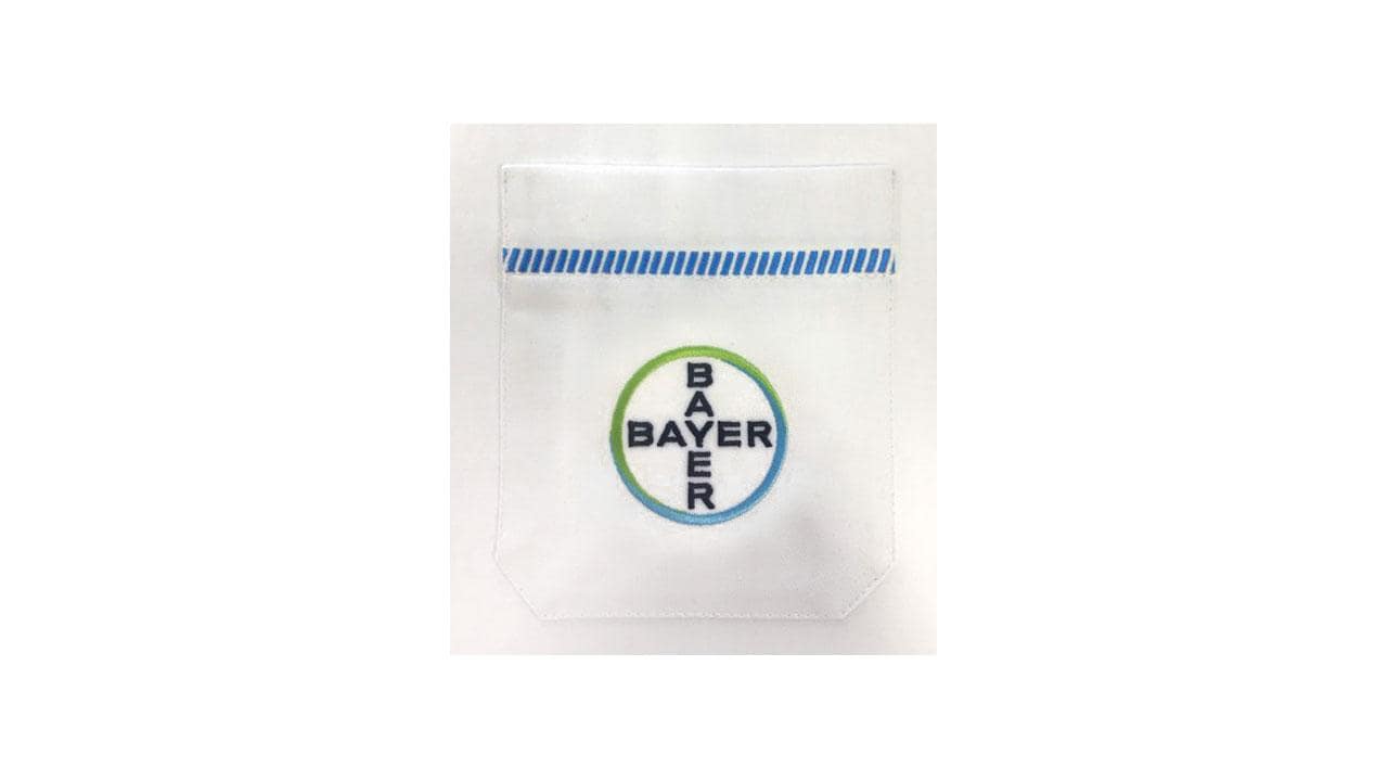 A transparent bag with a blue stripe at the top and a circular Bayer logo in the center.
