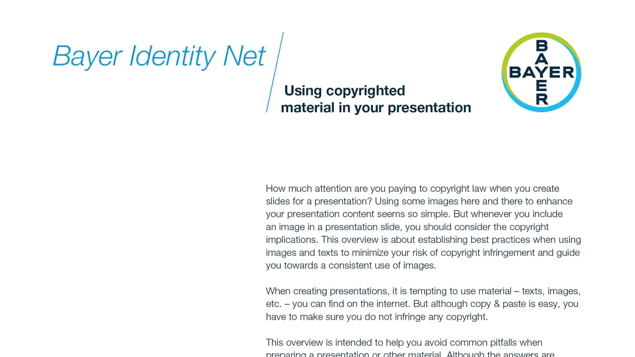 Bayer Identity Net presentation slide on using copyrighted material, featuring a brief text introduction and Bayer logo.