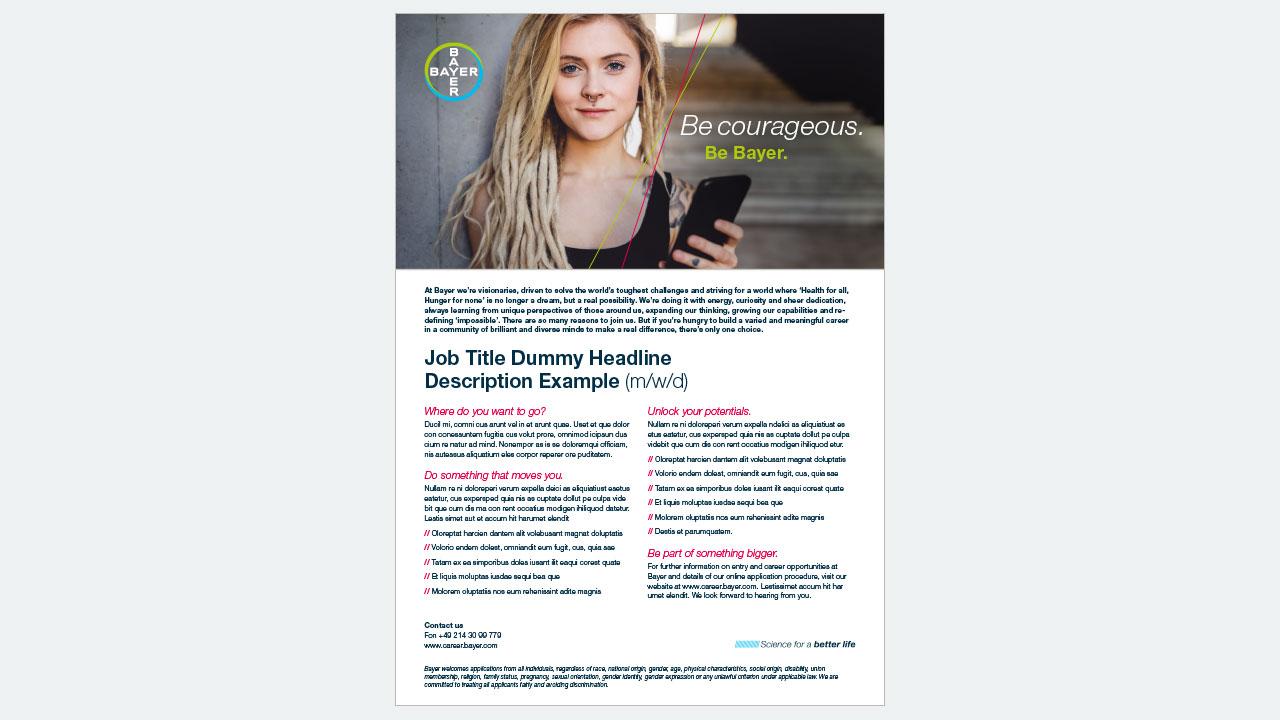 A woman stands holding a smartphone, with text about a job opportunity at Bayer, including a job title, description, and company values.