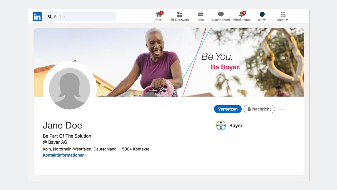LinkedIn profile of Jane Doe, a Bayer AG employee from Köln, Germany, with a profile picture placeholder and banner image of a smiling person with a bicycle and the text "Be You. Be Bayer.