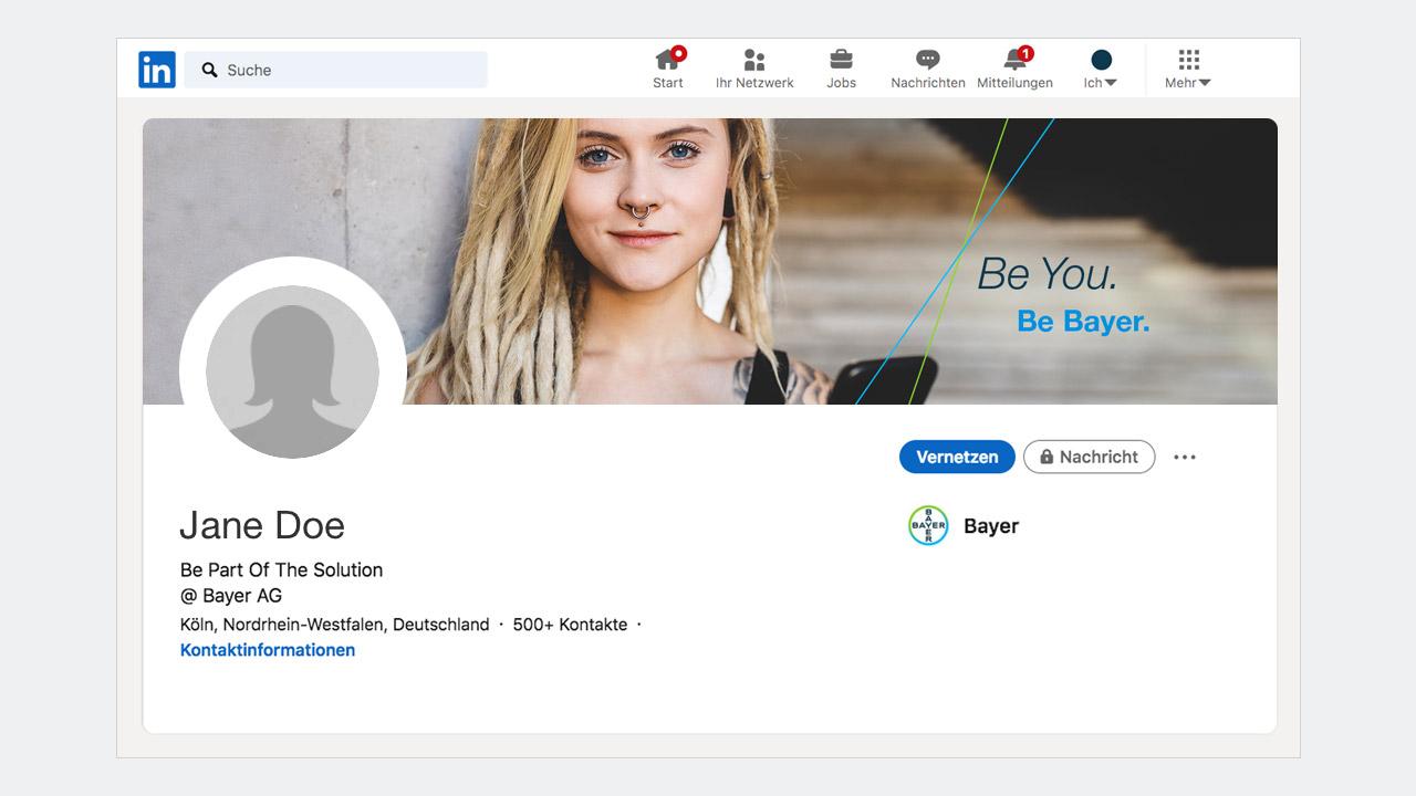 LinkedIn profile page showing a user's professional details and a banner with the text "Be You. Be Bayer.