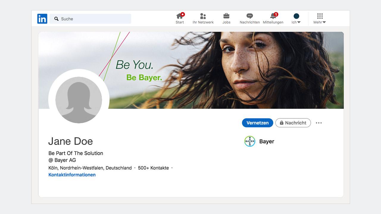 LinkedIn profile page showing Jane Doe with the banner text "Be You. Be Bayer." The profile lists her location in Köln, Germany, and displays Bayer AG as her employer.