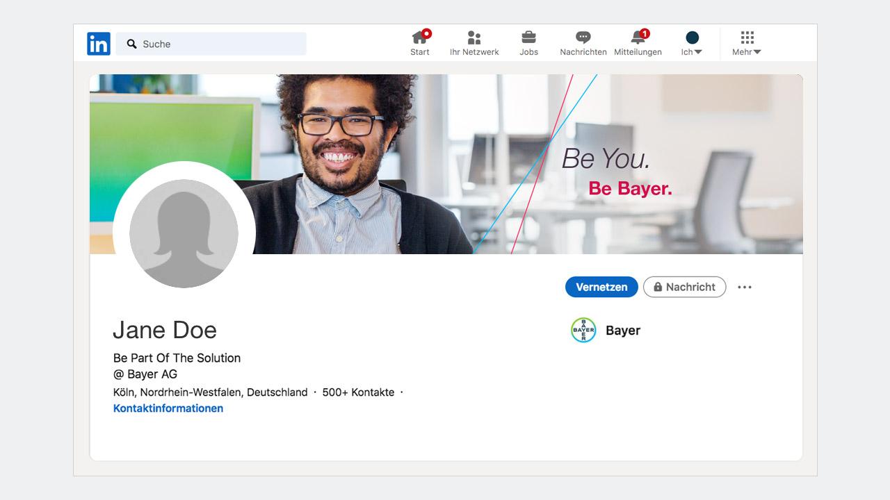 LinkedIn profile page with a user named Jane Doe displayed. The banner reads: "Be You. Be Bayer." User is linked to Bayer AG with over 500 contacts. Location: Köln, Nordrhein-Westfalen, Deutschland.
