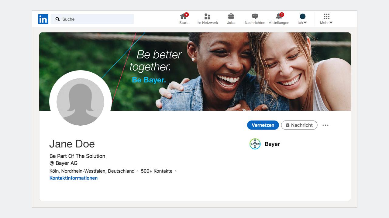 LinkedIn profile page with a cover photo of two smiling people. The profile shows a contact named Jane Doe at Bayer AG, based in Köln, North Rhine-Westphalia, Germany.