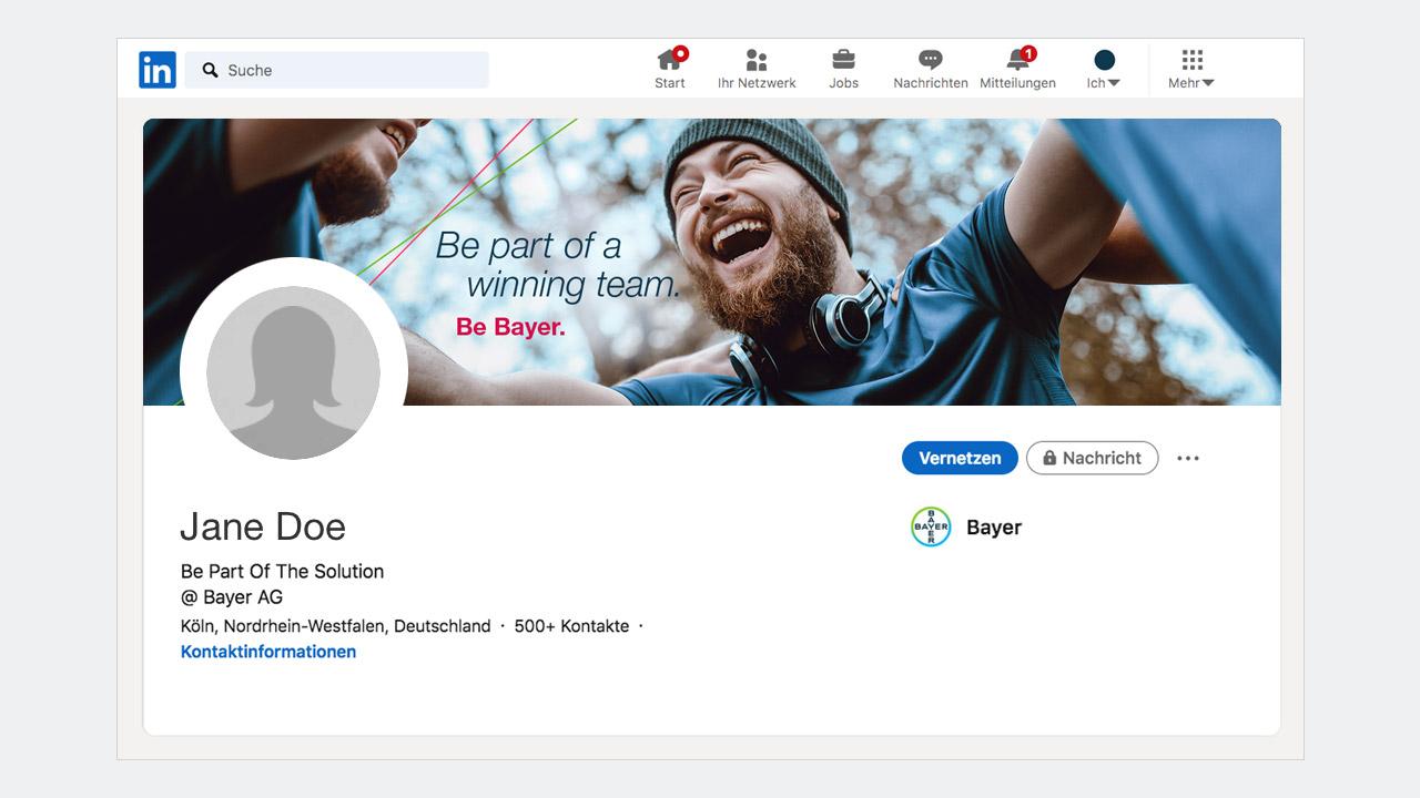 LinkedIn profile page showing Jane Doe’s profile with Bayer AG employment details. Header image features a person smiling, with the text "Be part of a winning team. Be Bayer.