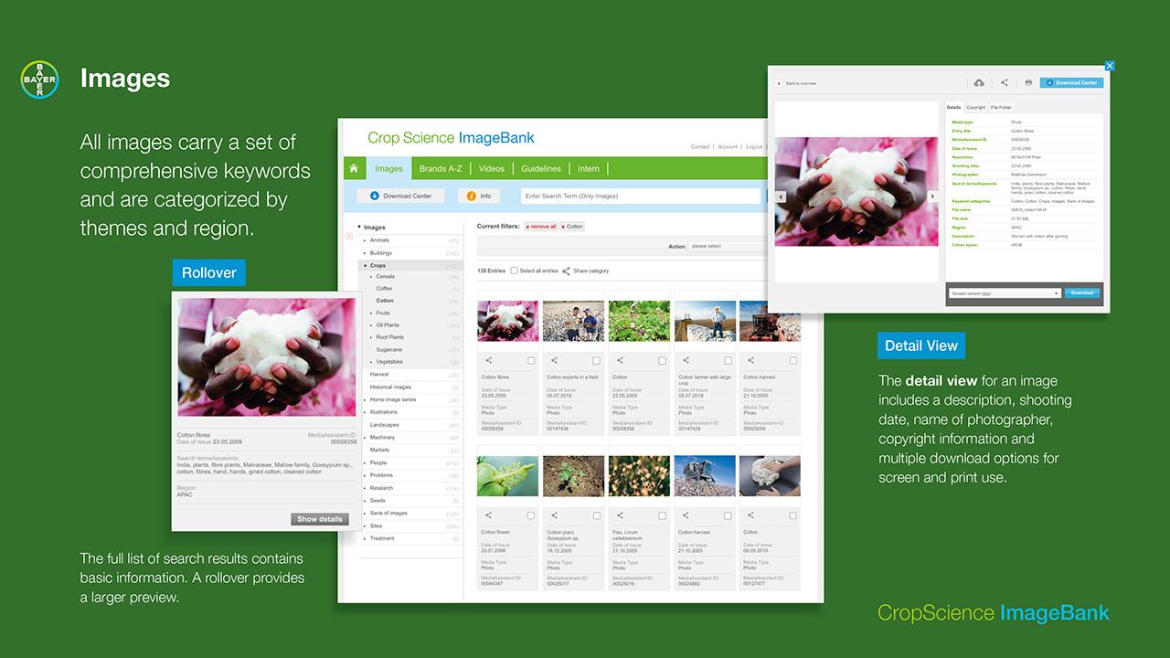 A screenshot of the CropScience ImageBank interface showcasing search results, image details, and rollover preview on a green background.