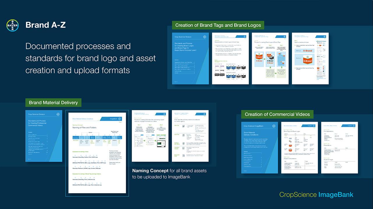 A presentation slide showing guidelines and processes for brand logo and asset creation, including brand tags, logos, material delivery, naming, and commercial video creation.