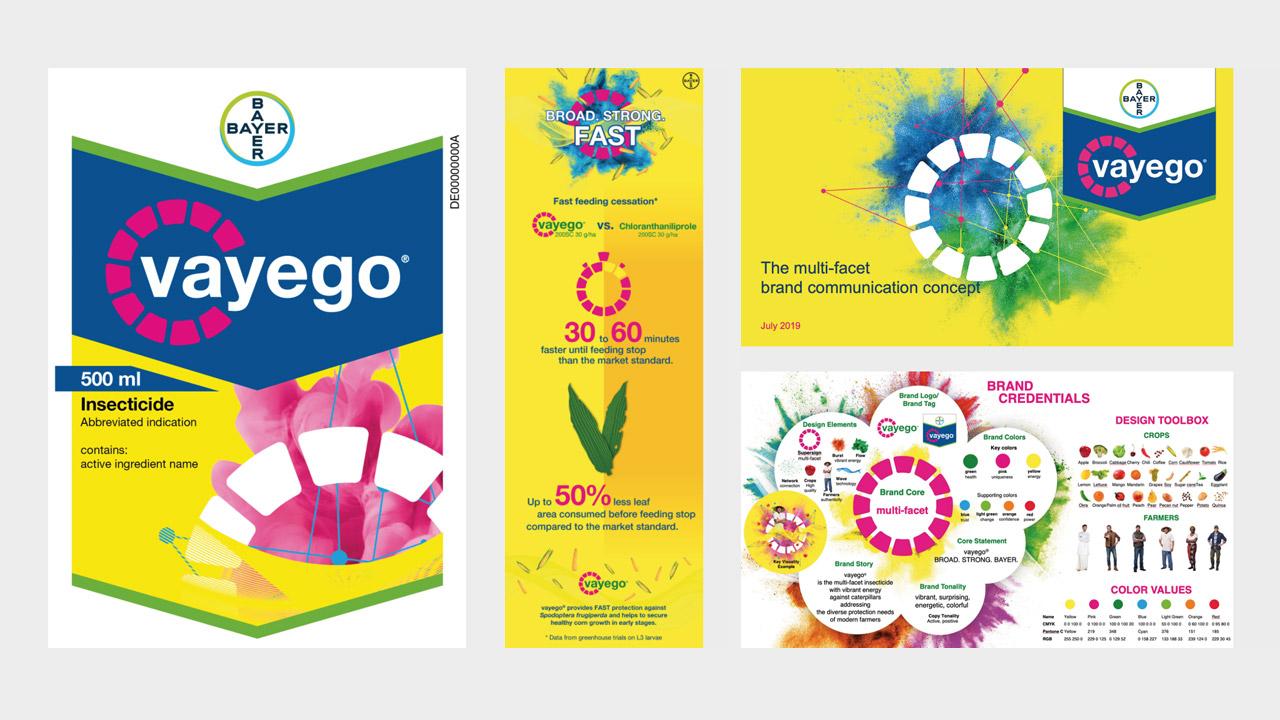 Colorful poster with branding for "Vayego" insecticide by Bayer. Includes product packaging, benefits, and multi-faceted brand visuals against a white background.